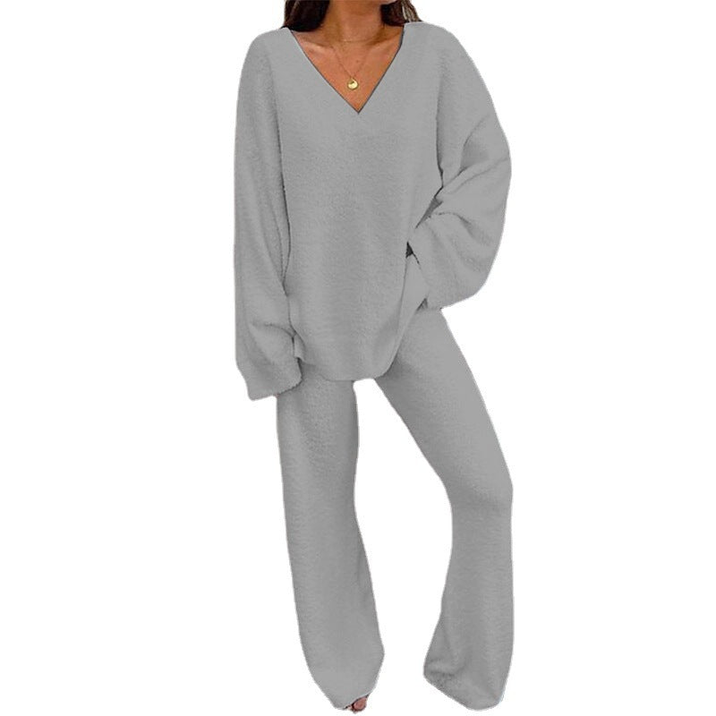 Women's Comfortable Fleece Loungewear Set with V-Neck NOVAE