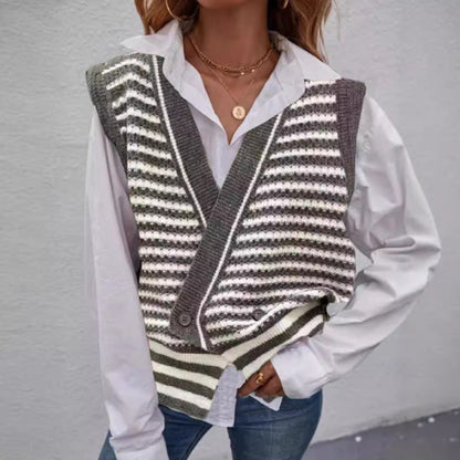 Women's knitted vest with fashionable striped pattern and double button closure NOVAE