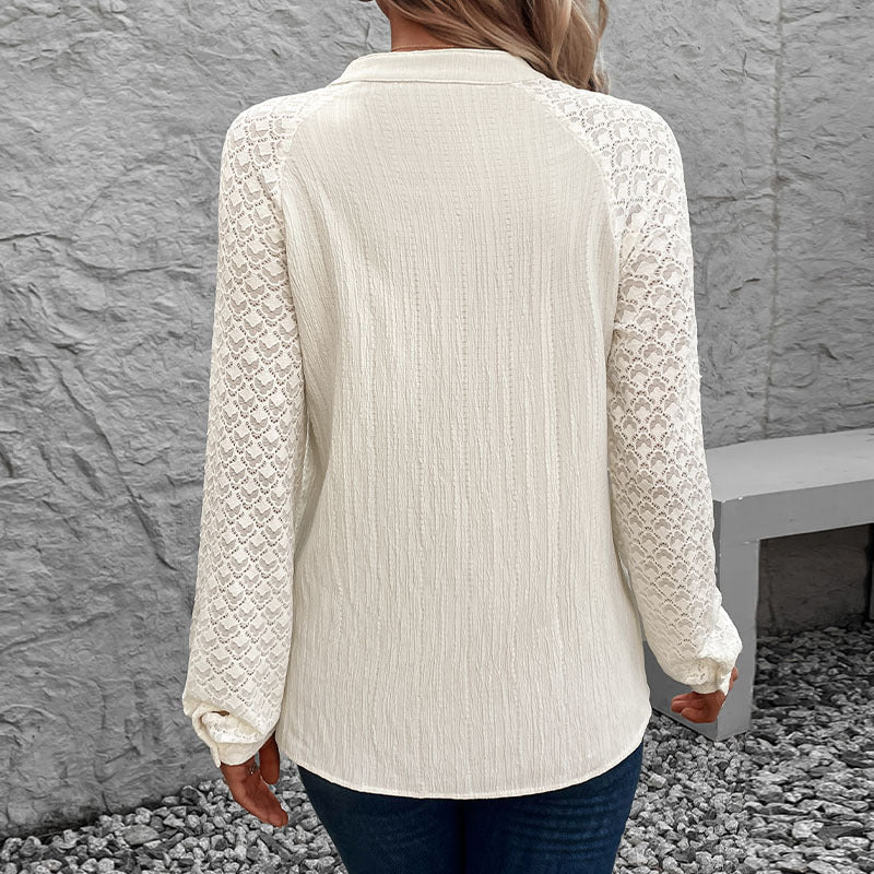 Women's blouse with elegant lace sleeves and textured fabric NOVAE