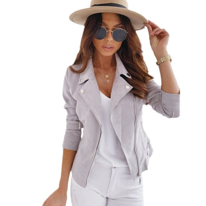 Women's biker jacket made of soft faux suede with asymmetrical zipper and functional pockets NOVAE