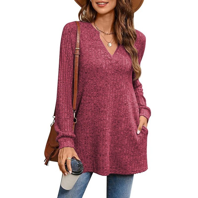 Women's Loose Knit Tunic with Side Pockets and V-Neck NOVAE