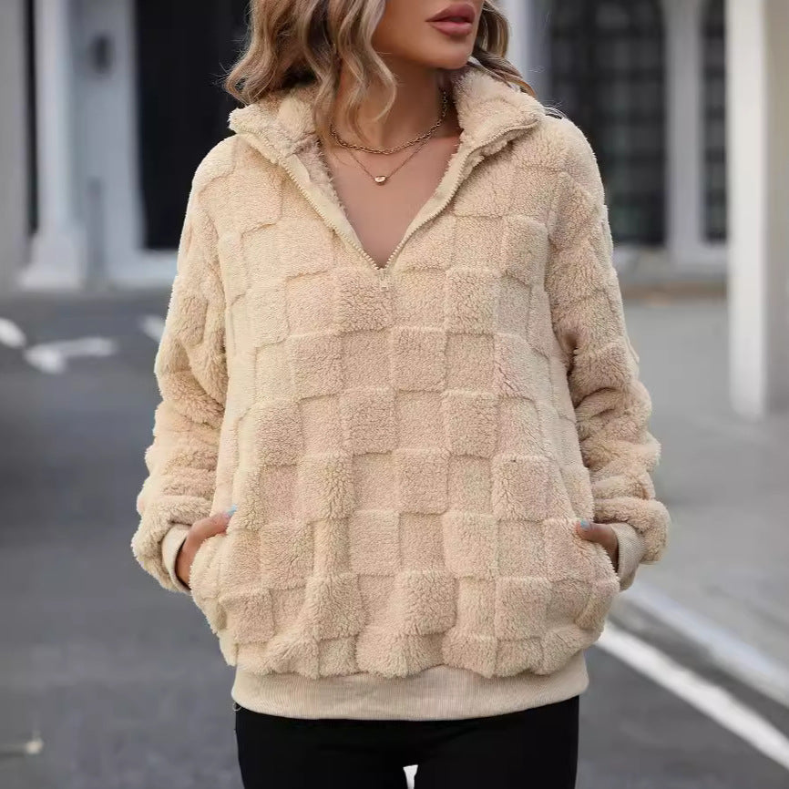 Women's Oversized Fleece Pullover with Zipper and Texture NOVAE