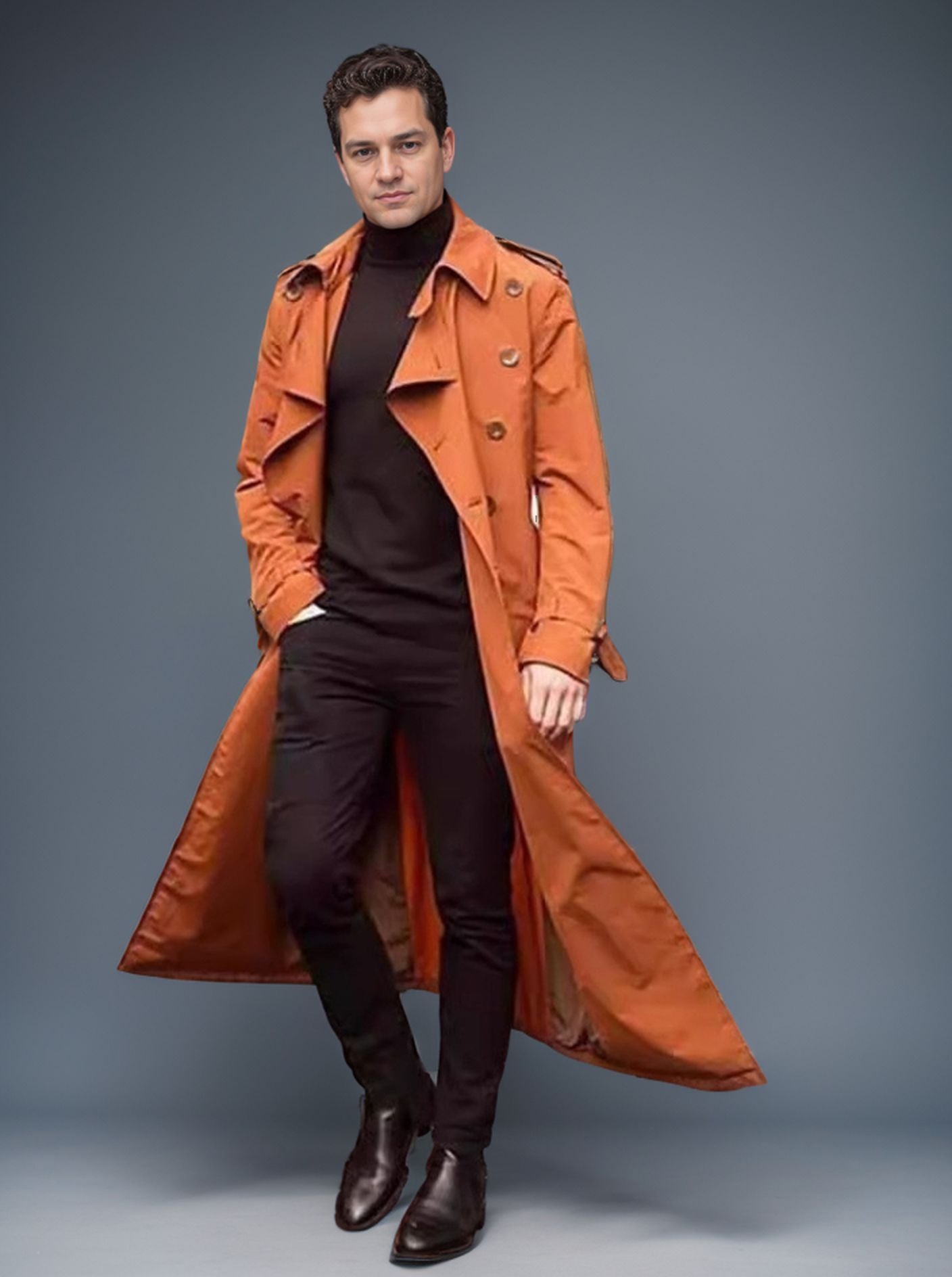 Men's long trench coat with a modern cut and practical pockets NOVAE