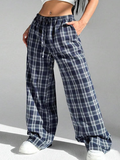 Women's Casual Checkered Trousers with Wide Cut and Elastic Waistband NOVAE