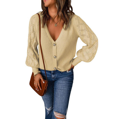 Women's cardigan with sophisticated diamond pattern and deep V-neck NOVAE