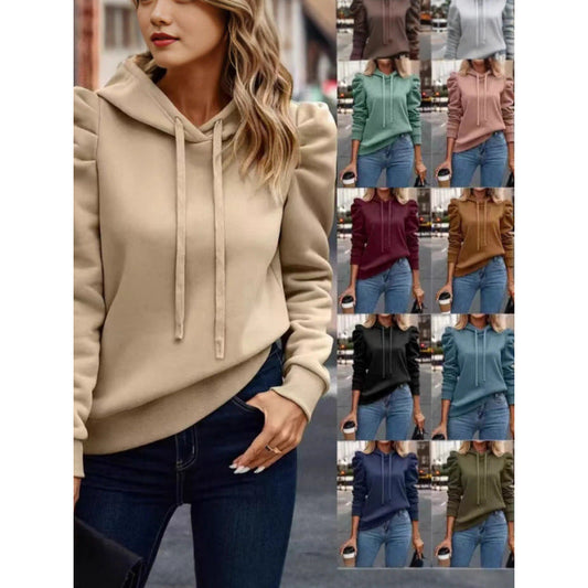 Women's fashionable hooded sweatshirt with puff sleeves and practical pockets NOVAE