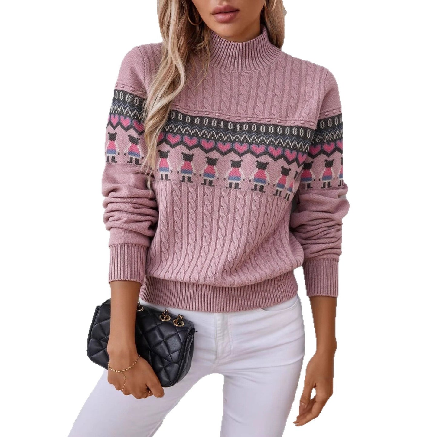 Women's knitted sweater with creative pattern and high collar NOVAE