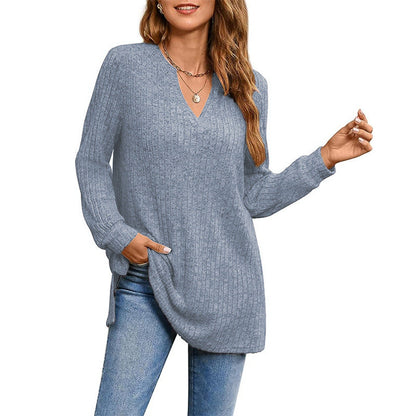 Women's Loose Knit Tunic with Side Pockets and V-Neck NOVAE