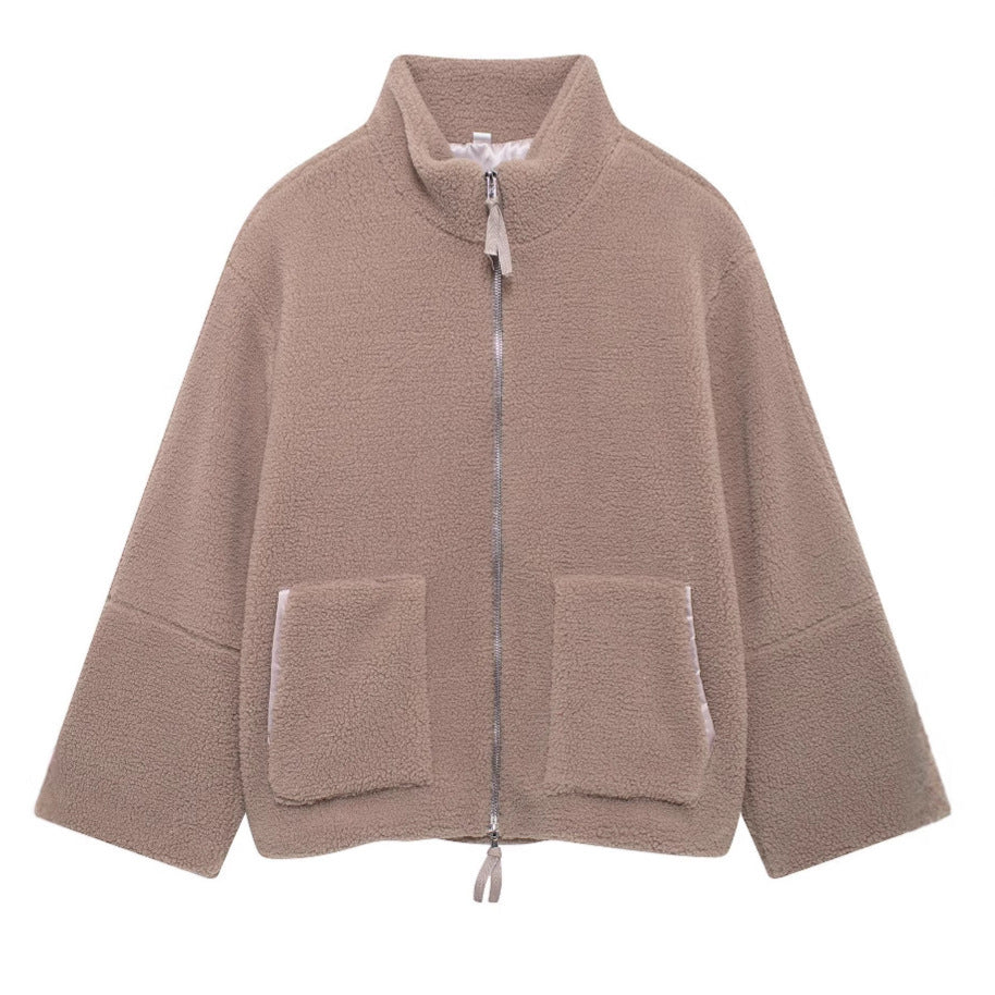 Women's cozy fleece jacket with high collar and practical pockets NOVAE