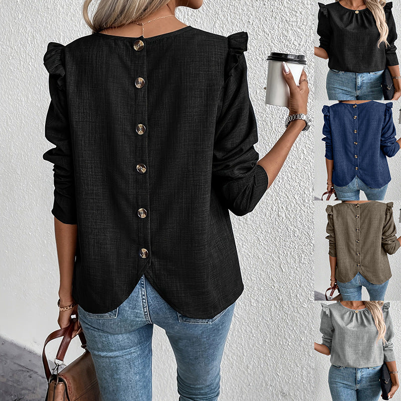 Women's blouse with ruffled sleeves and decorative buttons NOVAE