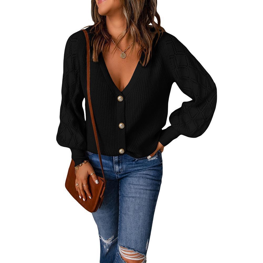 Women's cardigan with sophisticated diamond pattern and deep V-neck NOVAE