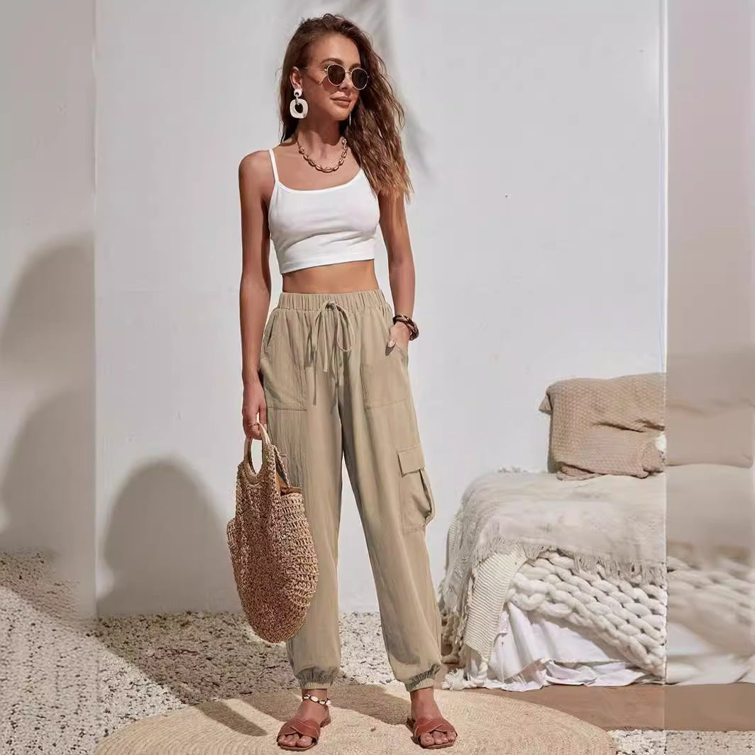 Women's casual cargo trousers with elasticated waistband and practical pockets NOVAE