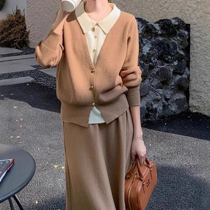 Women's knit ensemble with elegant blouse look and wide skirt NOVAE