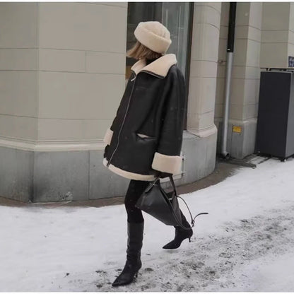 Women's trendy faux leather jacket with cozy lining NOVAE