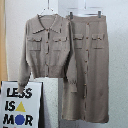 Women's structured knit ensemble with decorative pockets and button placket NOVAE