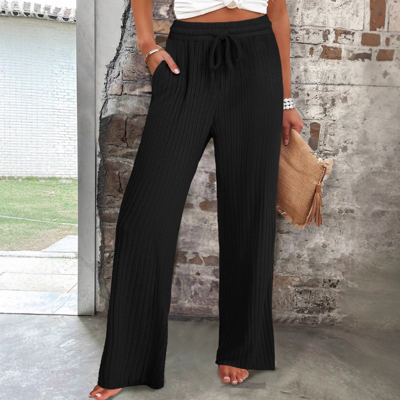 Women's Soft Ribbed Knit Trousers with Elastic Waistband and Practical Pockets NOVAE