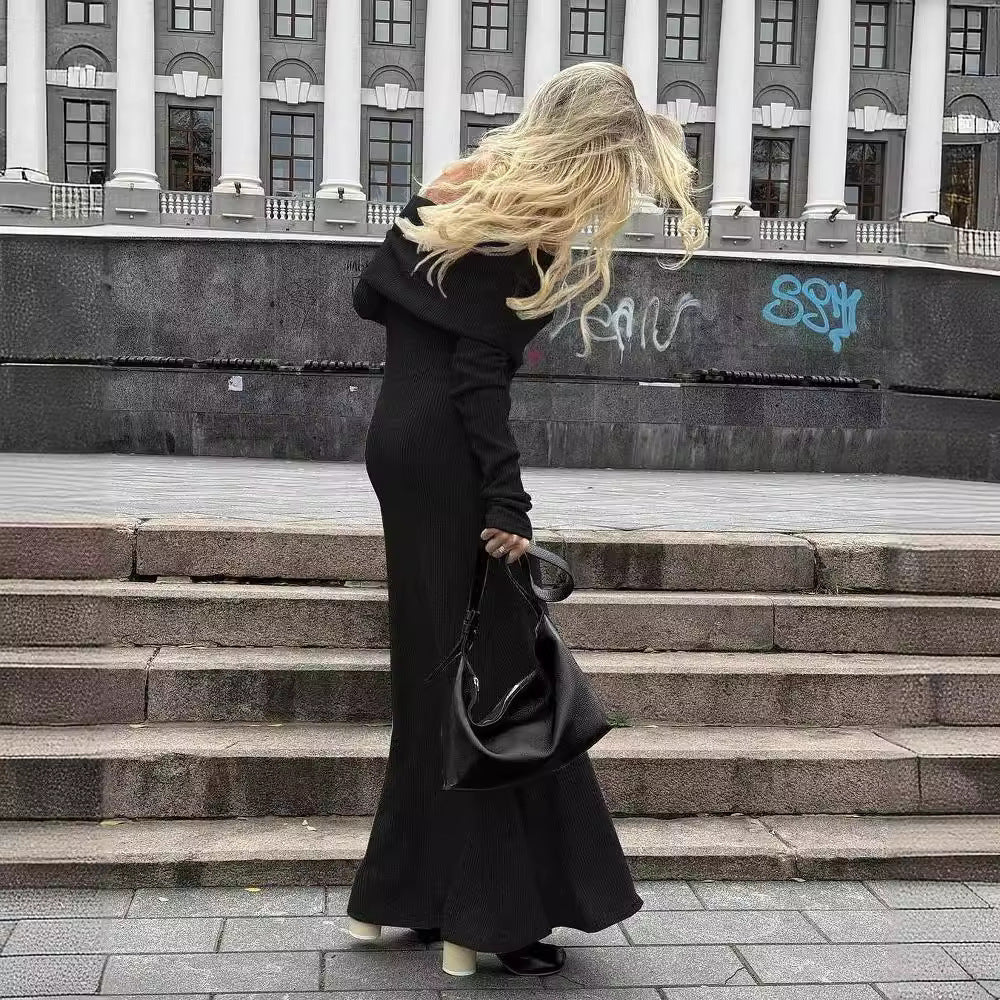 Women's Elegant Knit Maxi Dress with Off-Shoulder Neckline and Figure-Hugging Cut NOVAE