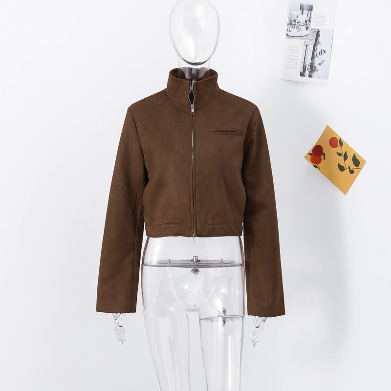 Women's short velour jacket with stand-up collar and side zipper NOVAE