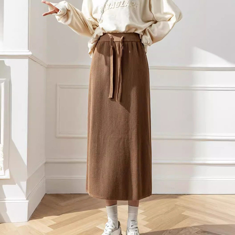 Women's midi skirt with waist lacing and ribbed design NOVAE