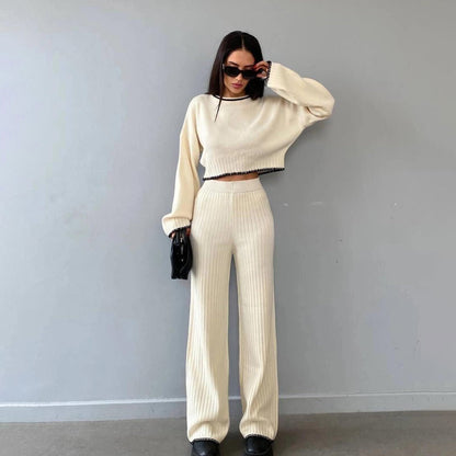 Women's cropped sweater and wide-leg trousers set with modern ribbed texture NOVAE