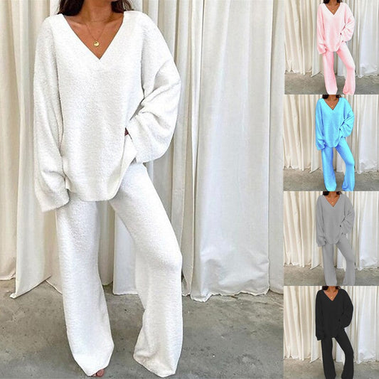 Women's Comfortable Fleece Loungewear Set with V-Neck NOVAE