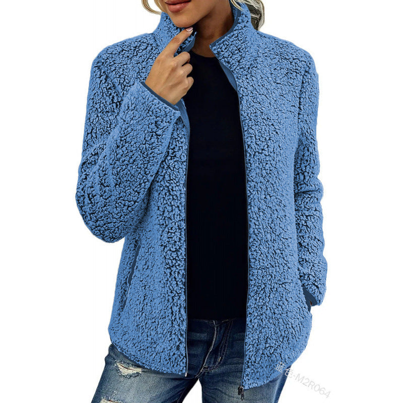 Women's fluffy fleece jacket with high collar and side pockets NOVAE