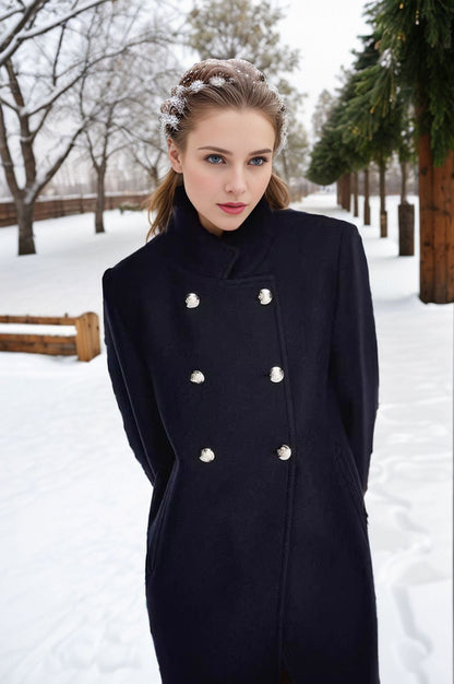 Women's fashionable short coat with double-breasted front and elegant stand-up collar NOVAE