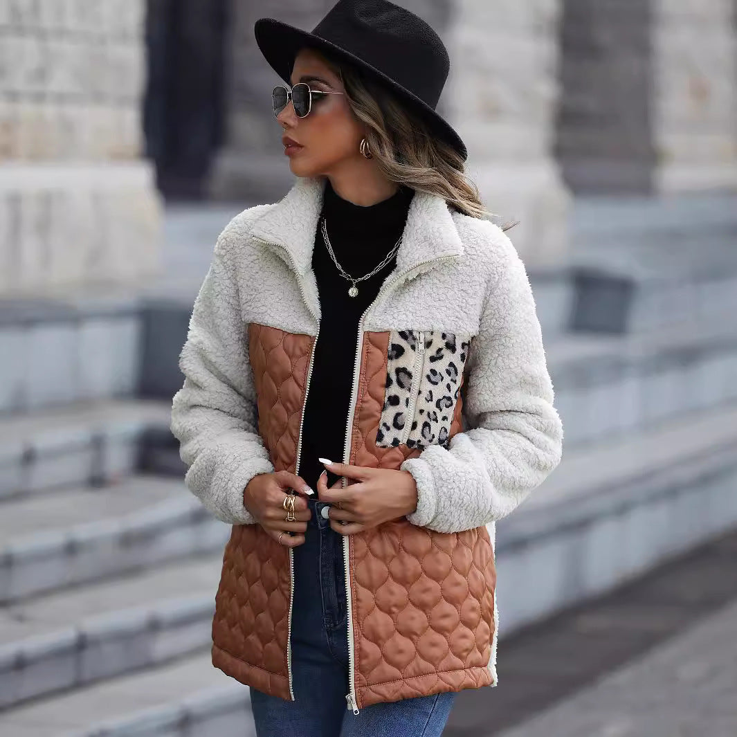 Women's fleece jacket with modern patchwork details and animal print NOVAE