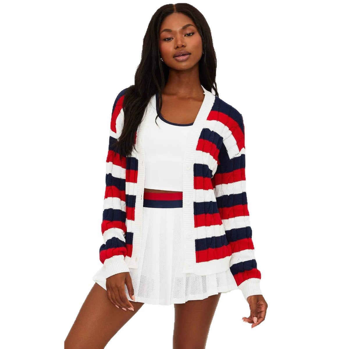Women's casual cardigan with modern color stripes and comfortable cut NOVAE