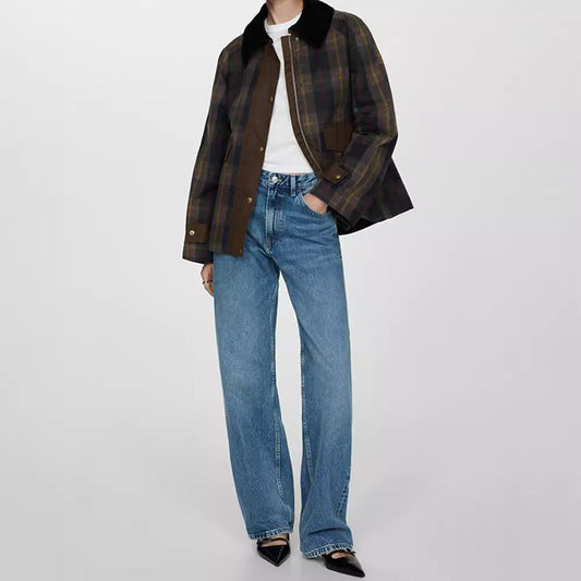 Women's Checkered Jacket with Soft Corduroy Collar NOVAE
