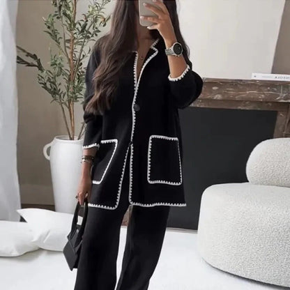 Women's elegantly cut blazer jacket with contrasting details and wide-leg trousers NOVAE