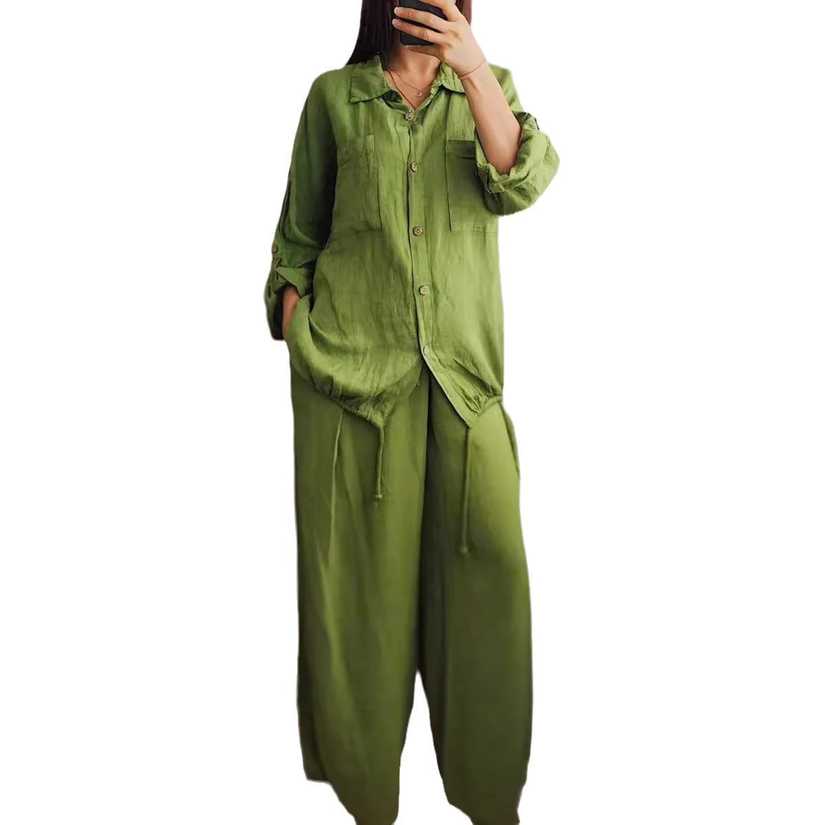 Women's linen set with wide-leg trousers and casual blouse NOVAE