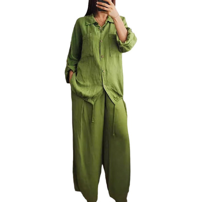 Women's linen set with wide-leg trousers and casual blouse NOVAE