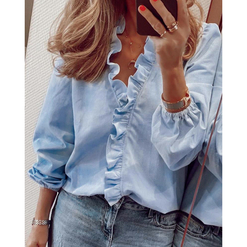 Women's blouse with ruffle details and elegant stand-up collar NOVAE