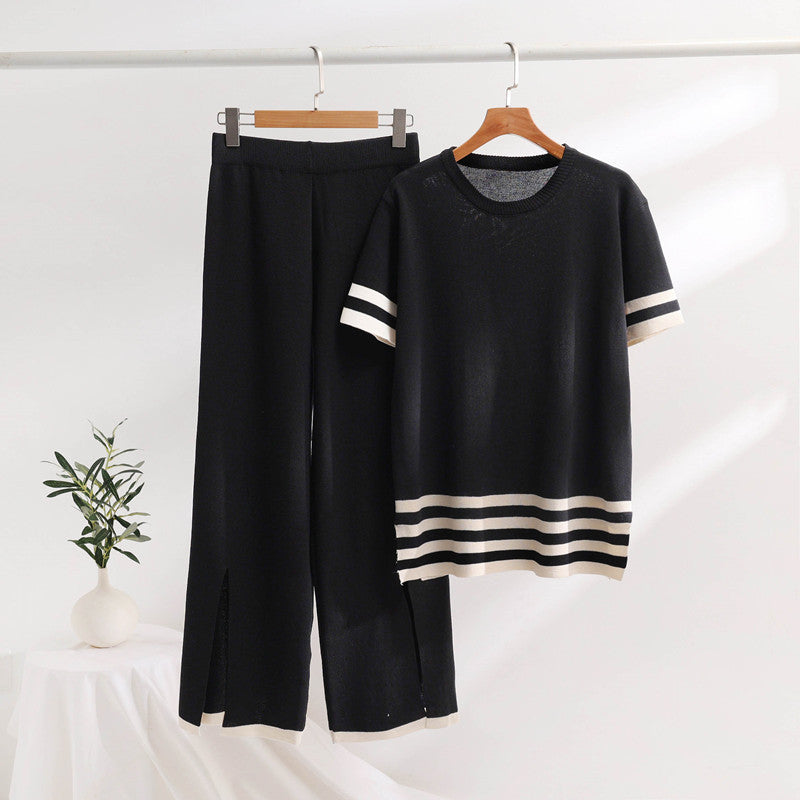 Women's stylish knit loungewear set with wide stripes and side slits NOVAE