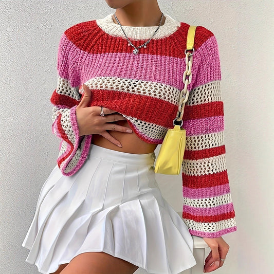 Women's knitted sweater with playful openwork pattern and colorful stripes NOVAE