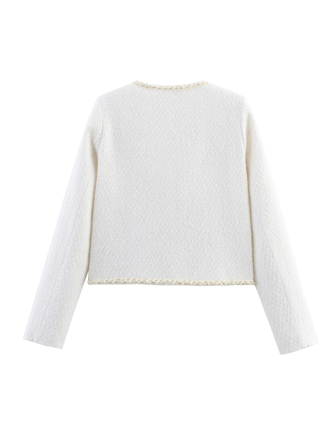 Women's elegant short-sleeved pullover jacket with pearl-decorated buttons and patch pockets NOVAE