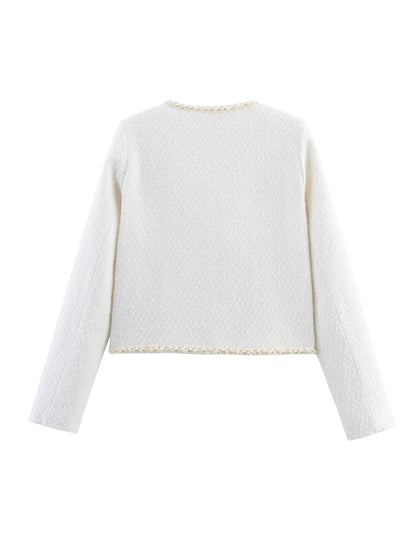 Women's elegant short-sleeved pullover jacket with pearl-decorated buttons and patch pockets NOVAE