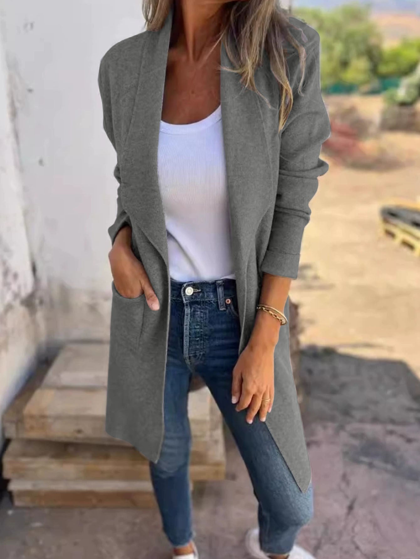 Women's elegant transitional jacket with practical lapel collar and deep pockets NOVAE