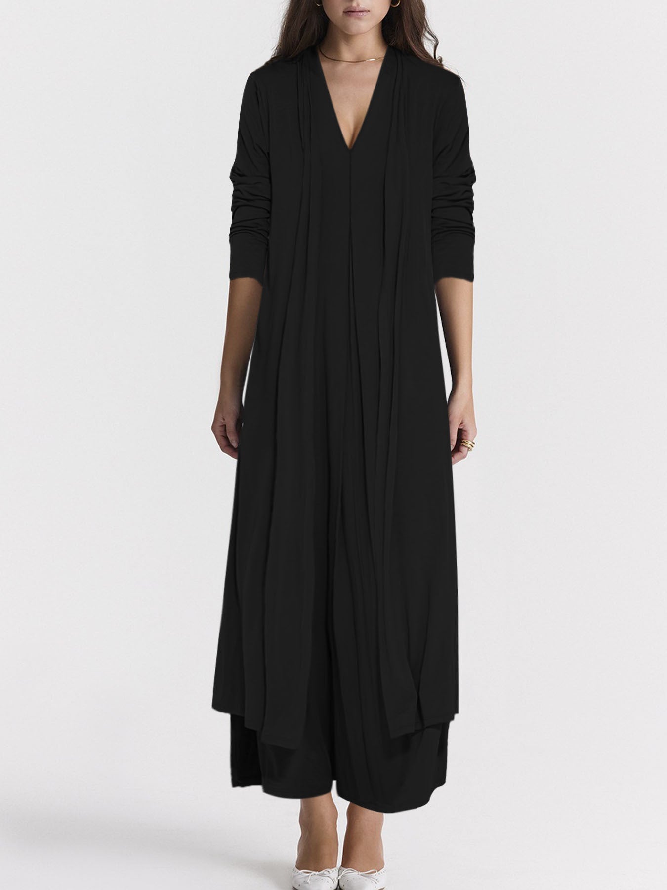 Women's elegant long jacket with deep V-neck and flowing cut NOVAE