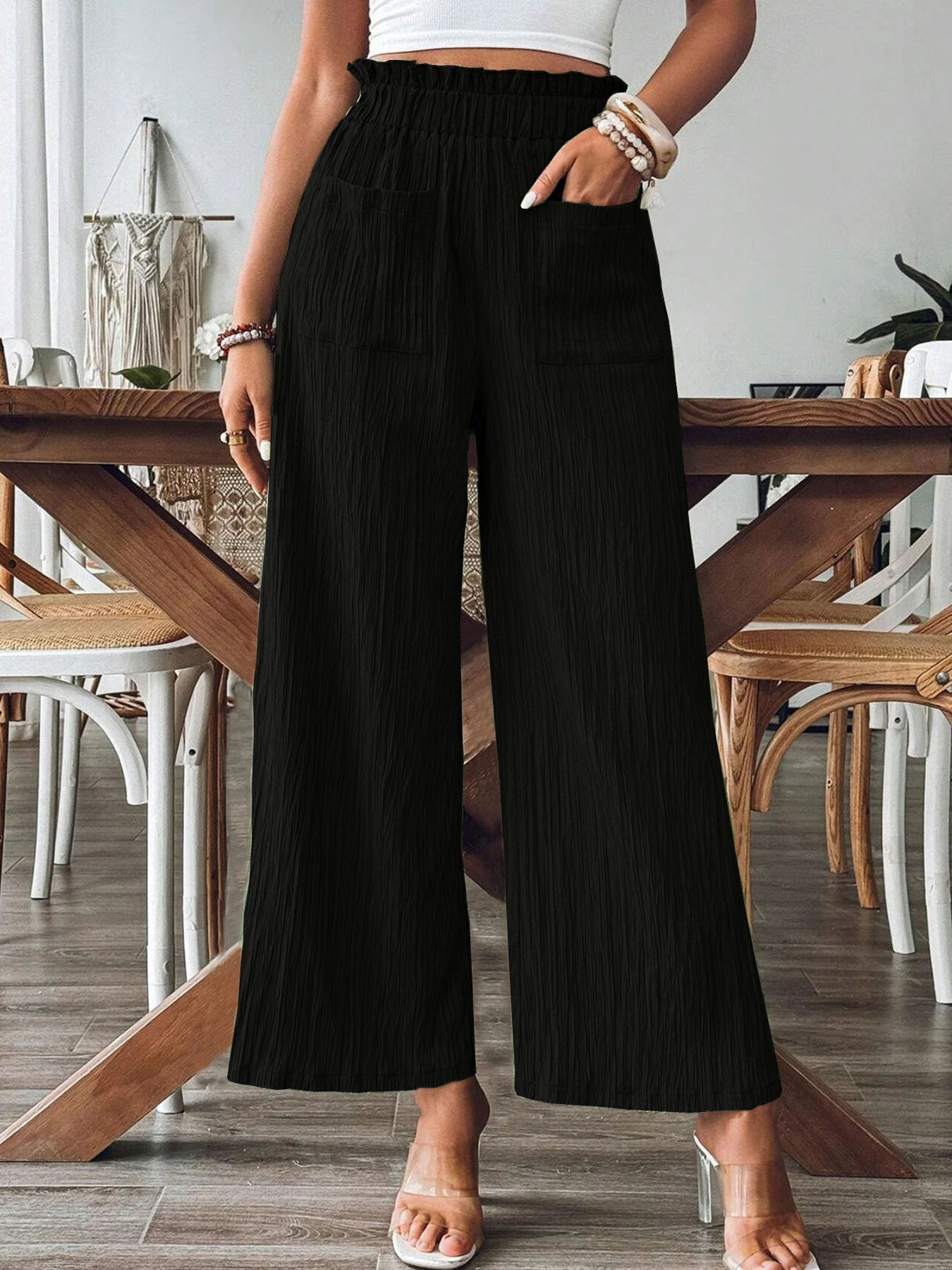 Women's casual and lightweight palazzo trousers with elasticated waistband and practical pockets NOVAE