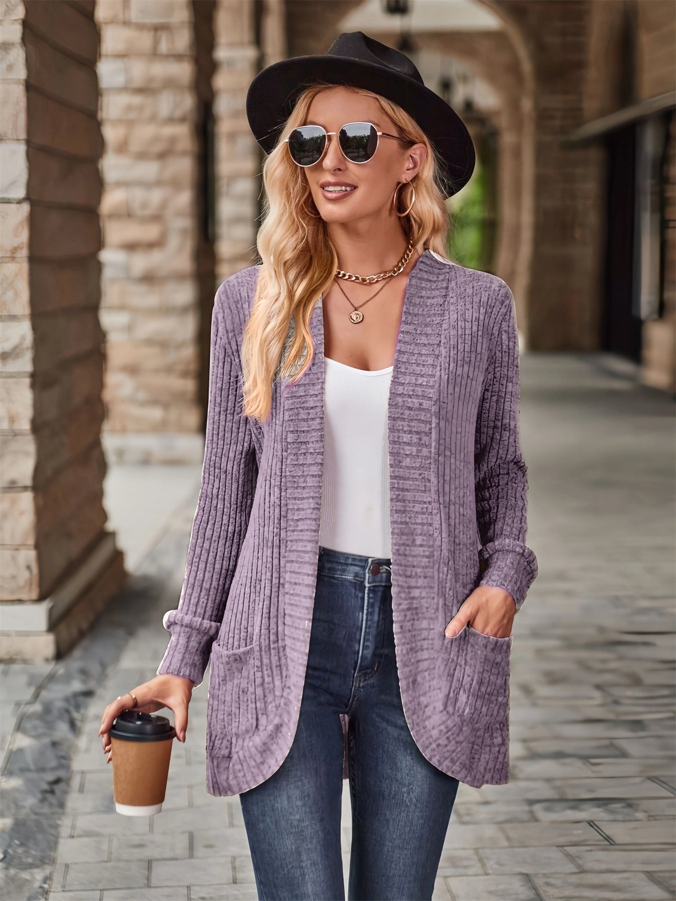 Women's open-front cardigan with fashionable ribbed texture NOVAE
