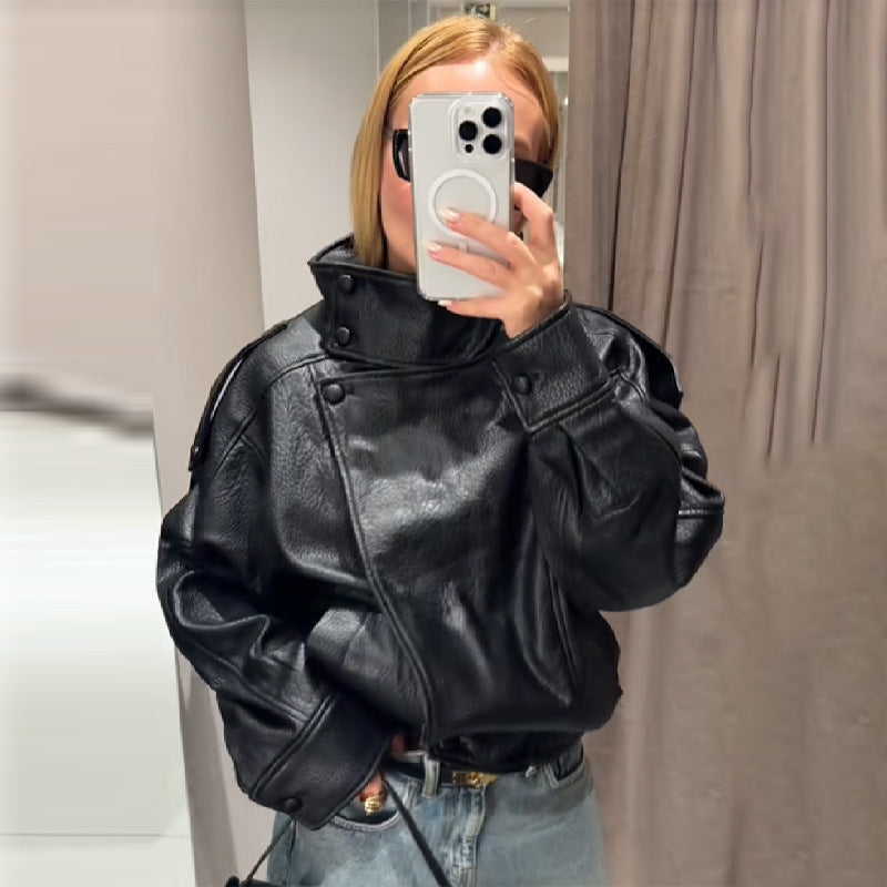 Women's elegant and voluminous leather jacket with stand-up collar NOVAE