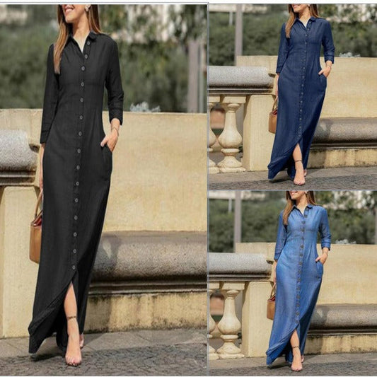 Women's long-sleeved maxi dress with button placket and side pockets NOVAE