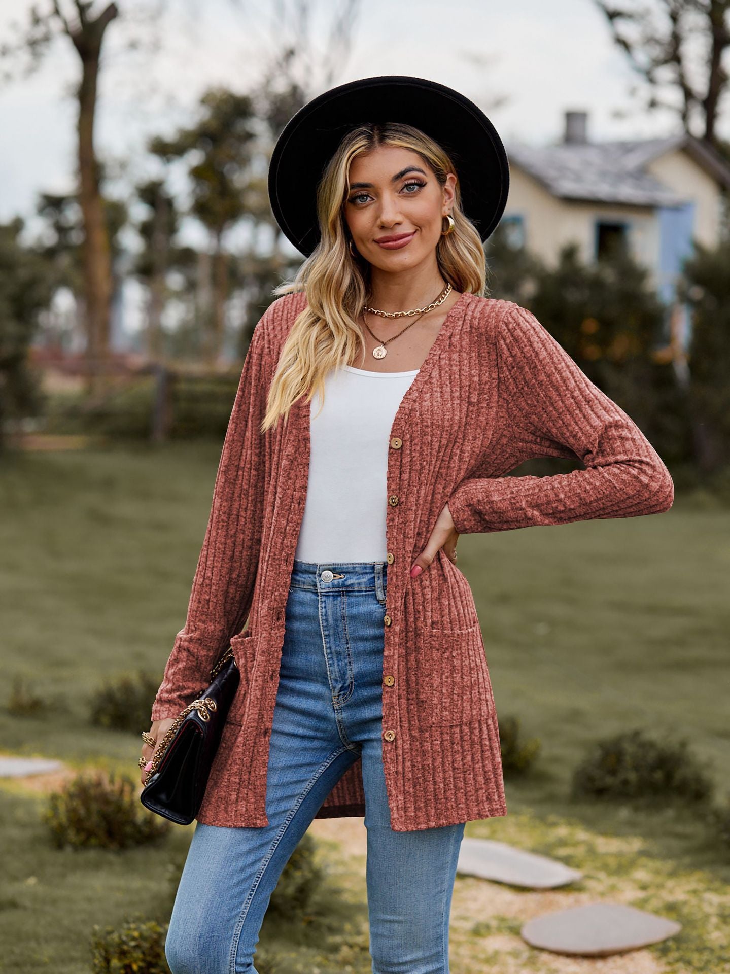 Women's cardigan with vertical ribbing and pockets NOVAE