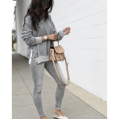 Women's Comfortable Sweatshirt with Button Details and Side Slits NOVAE