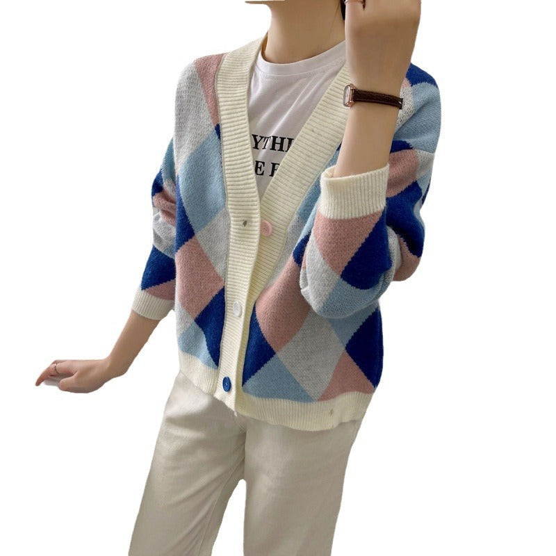 Women's cardigan with modern diamond pattern NOVAE