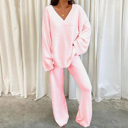Women's Comfortable Fleece Loungewear Set with V-Neck NOVAE