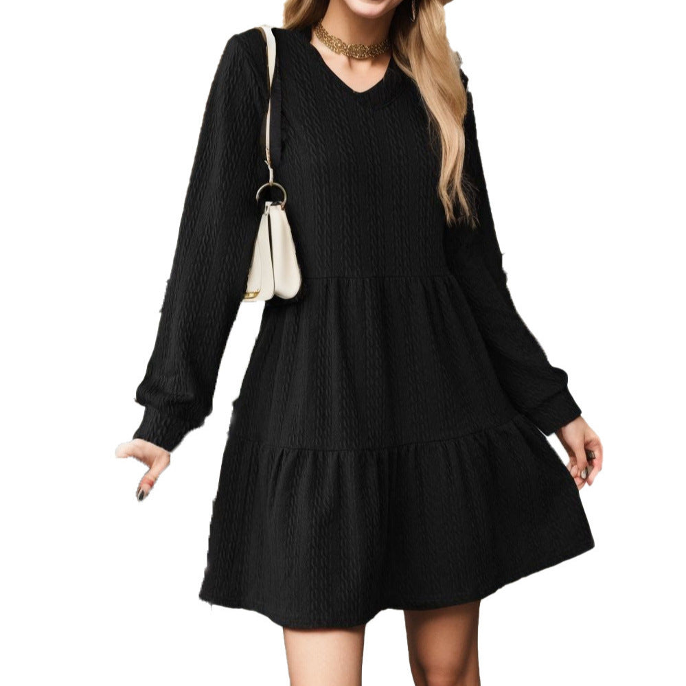 Women's casual V-neck dress with voluminous hem and long sleeves NOVAE