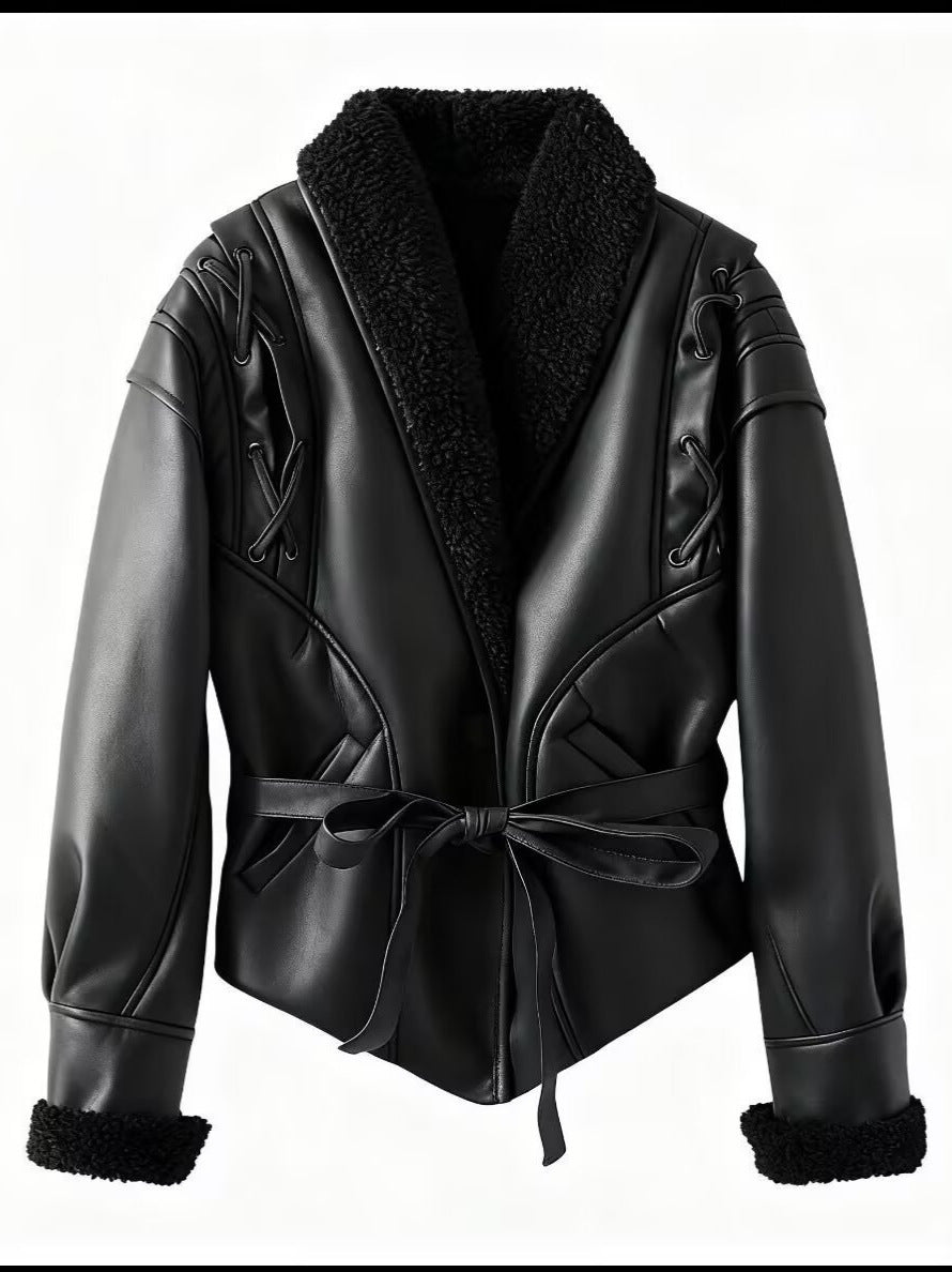 Women's trendy faux leather jacket with fluffy lining and tie belt NOVAE